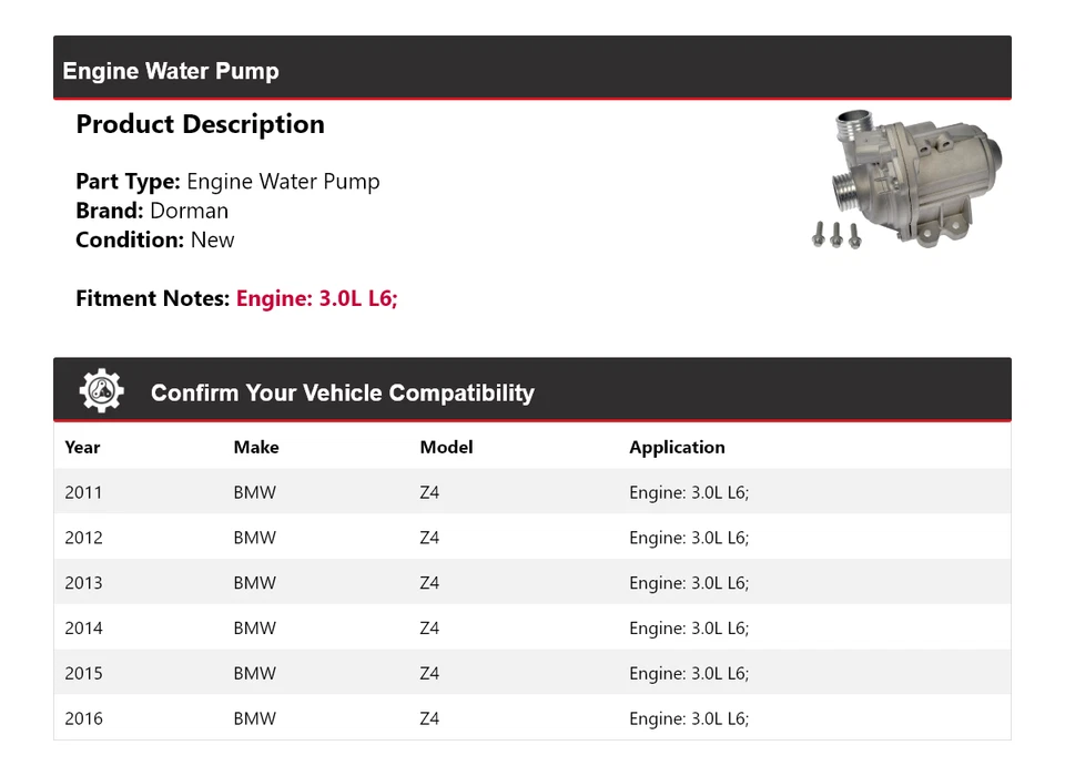 Bomba de agua para motor Dorman BMW Z4 2011-2016 3,0 L 2012 2013 2014 2015 Foto 2 de 4