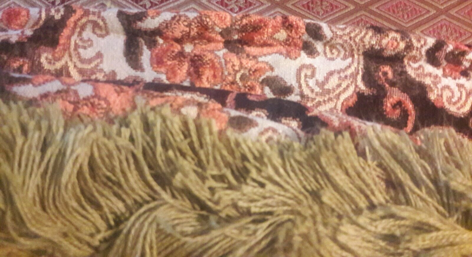 Vintage 70's Retro Fabric Throw Blanket 50" x 60" Fringe Brown Orange Gold Green