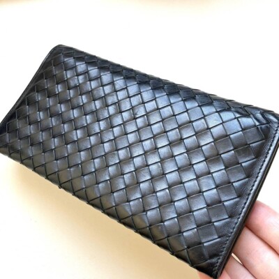 【送料&関税込】Bottega Veneta Leather Wallet Auth BOTTEGA VENETA Intrecciato Dark Gray Leather Bifold