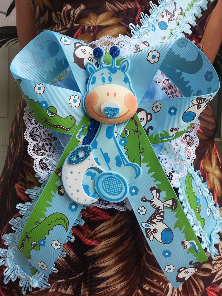 Baby Shower Mom To Be It's a Boy Faja Azul Jirafa Safari Cinta Ramillete de Noé Foto 3 de 4