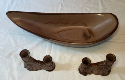 Frankoma Pottery Free Form Bowl #217 Dbl Taper Candle Holder 304 Plainsman Brown
