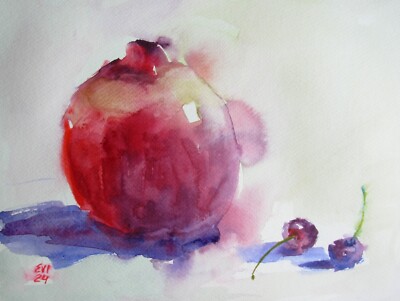 Granatapfel Original Aquarell Gemälde Stillleben Wandbild Papier 9x12 cm