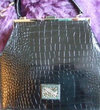 BIBA LARGE ASTELLA BLACK CROC LEATHER FRAME HANDBAG   