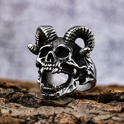 Gothic Ram Horn Satan Evil Skull Ring Stainless Steel Men's