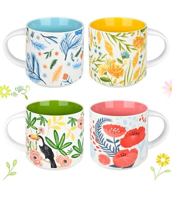 16 Oz Ceramic Coffee Mugs Set of 4 Large Flower Mugs Vintage Floral Tea  Cups ... | eBay