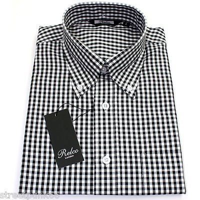 Relco Herren Schwarz Weiß Gingham Kurzarm Hemd Button Down Mod Skin Retro