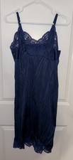 Vintage Wondermaid Nylon Full Slip Womens 36 Navy Lace Trim Nightgown Lingerie