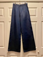 Vintage 1970s Navy Blue Polyester Wide Leg Pants High Waisted Handmade 26  Waist