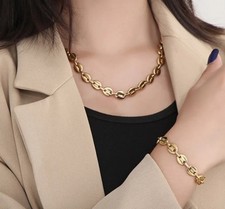 Gold Link Chain Necklace And Bracelet Set-Waterproof Stainless Steel For Women