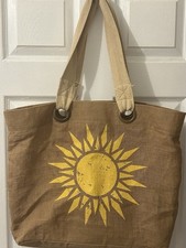 X-Large Jute Tote India Vacation Beach Bag Cotton Handle Strap Yellow Sun Print