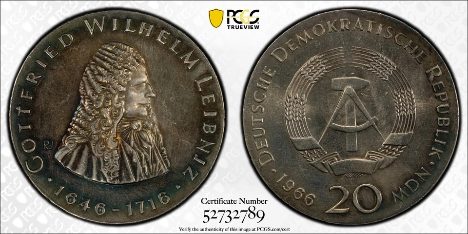 Deutschland - Demokratische Republik - 1966 20 Mark Leibniz - PCGS MS64 - Bild 1 von 4