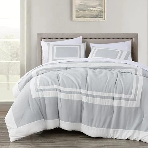  Juego de edredón cama en bolsa Wyatt de 7 piezas con sábanas Hotel King plateado/blanco Foto 2 de 4