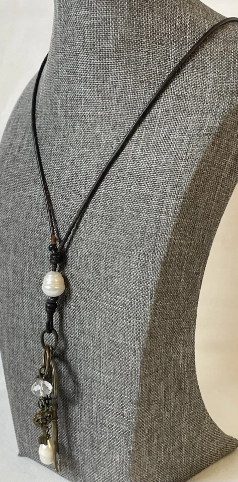 90s Artisan Leather Cord Necklace 35” Genuine Pearl Brass Key Flower Charms - Image 3 of 4
