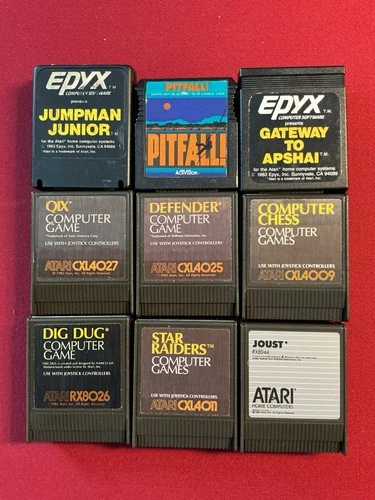 Atari 800 XL 9 Cart Lot Tested – Pitfall Qix Temple Apshai Dig Dug Joust Jumpman