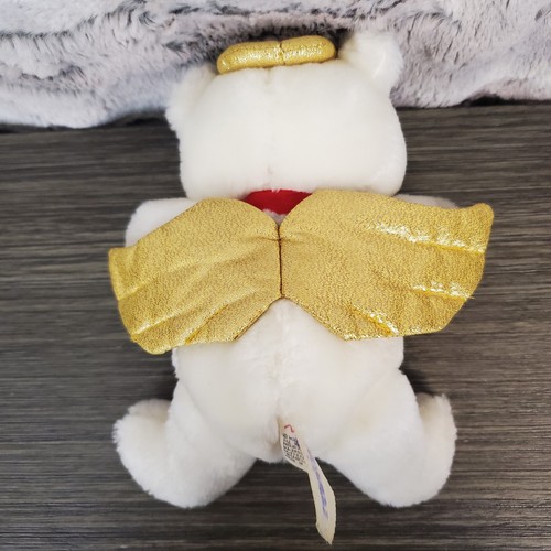 Milaka Small White Angel Teddy Bear 7" Sitting Gold Wings & Halo Red Bow - Picture 2 of 6
