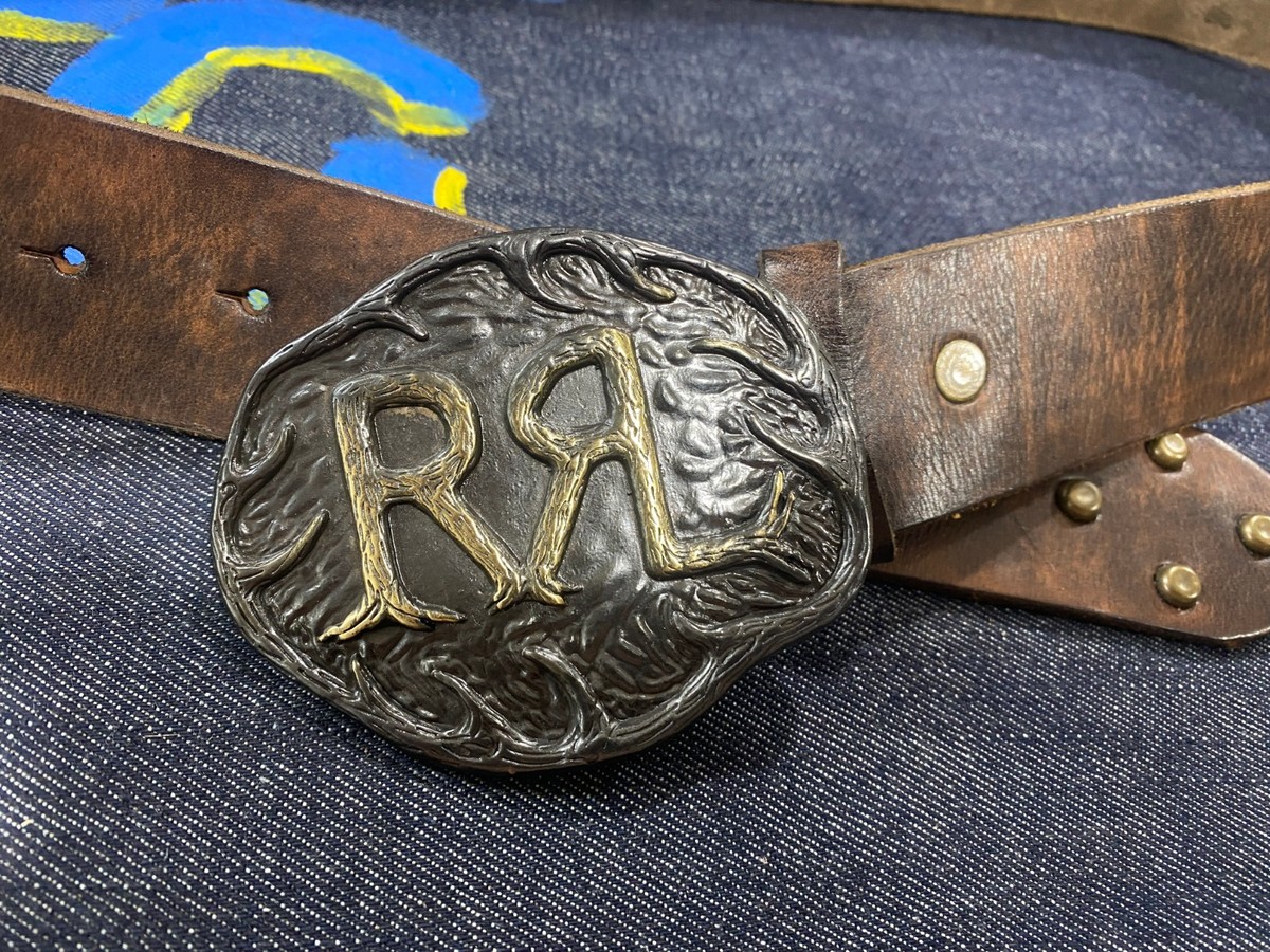 Ralph Lauren Brown Leather Belt Rustic RR Monogram Buckle  display picture 1