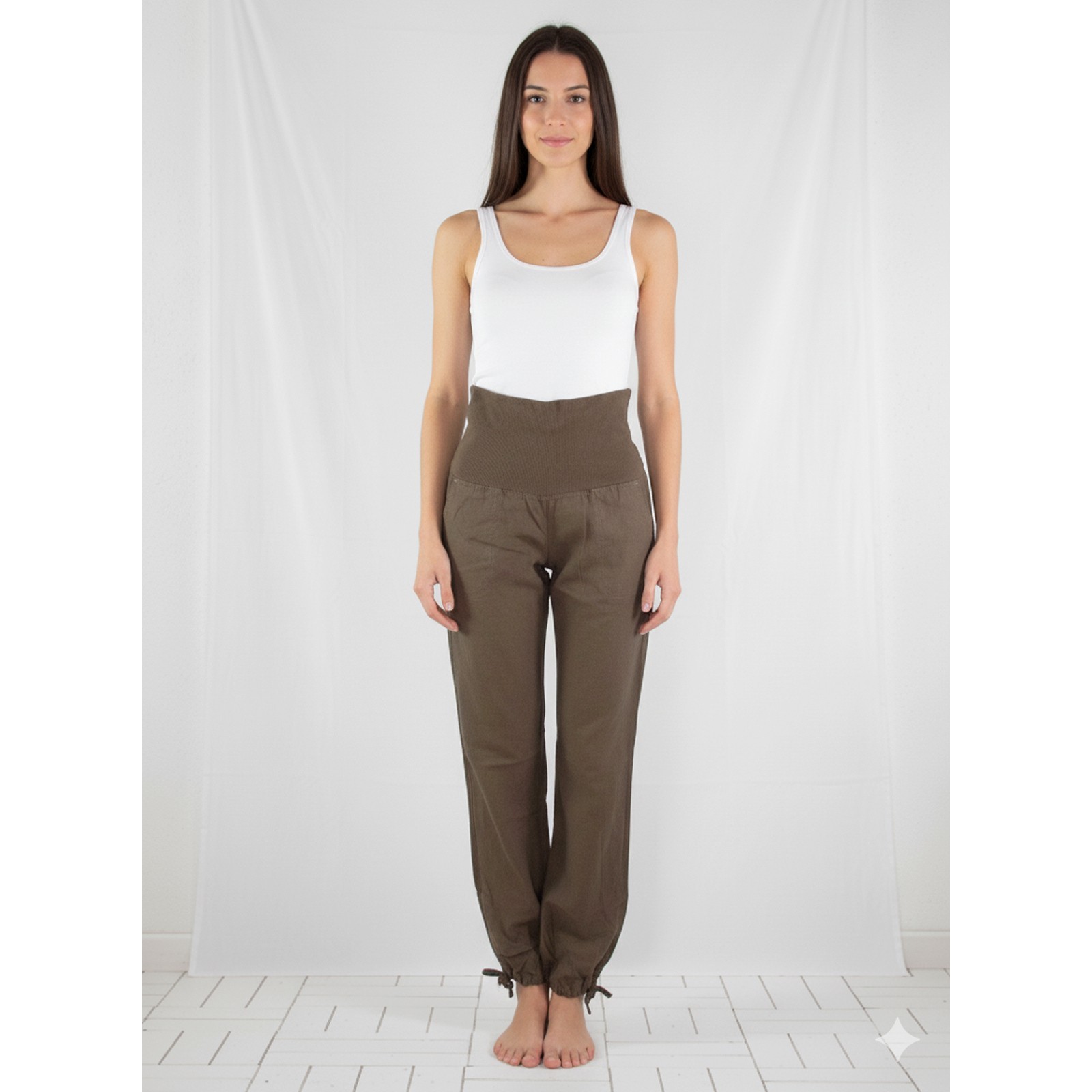 Terranova Pantalone Da Donna Marrone Fango Taglia S Misto Lino Dritto Fascia