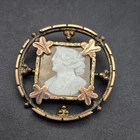 Antique Cameo Shell Brooch Round Leaves Vintage Costume Jewelry