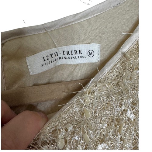 12th Tribe Let's Boogie Cream Fringe Mini Dress Medium Blemish Lined Holiday - Picture 4 of 7