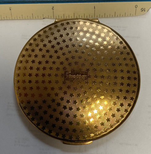 VINTAGE STRATTON COMPACT GOLD TONE MARBLED GREEN W135 - Afbeelding 2 van 5
