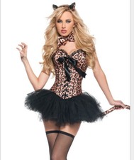 Fancy Halloween Costume Burlesque Corset Skirt Cincher Bustier Cat Lady Leopard