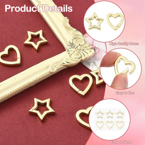 6pcs Brass Spring Gate Rings Clasps,Star,Heart Spring Keyring Clips for DIY - Picture 3 of 6
