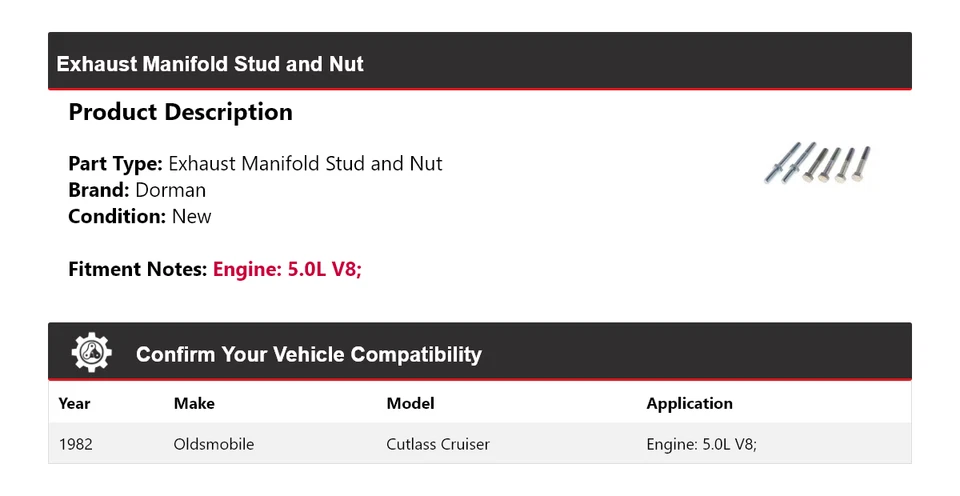 Para 1982 Oldsmobile Cutlass Cruiser 5.0L V8 Dorman coletor de escape parafuso prisioneiro e porca - Imagem 2 de 4