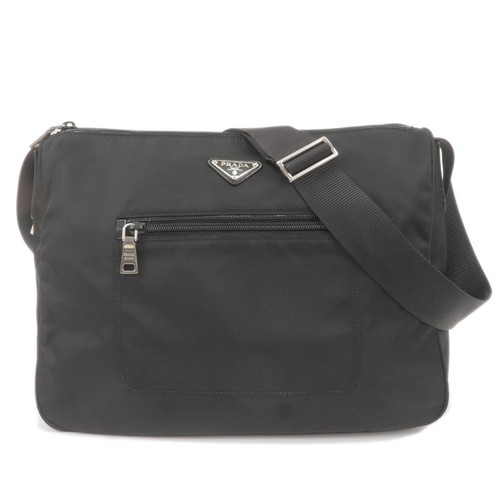 PRADA Logo Shoulder Bag NERO Black Nylon Leather BT0714 Auth Used