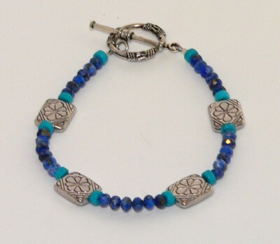 Genuine Turquoise Lapis Toggle Bracelet   Southwestern Style Jewelry Gift