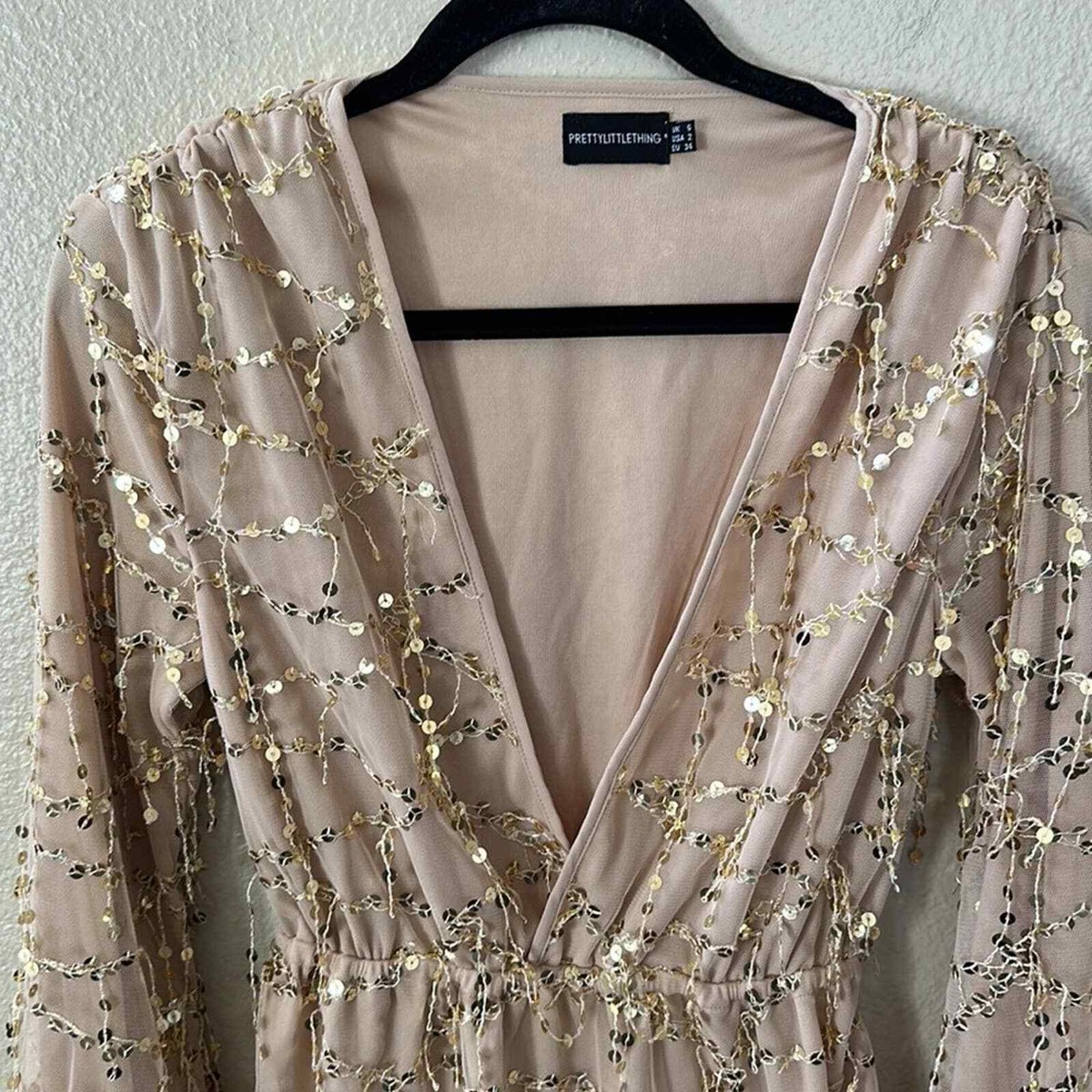 gold plunge sequin long sleeve bodycon dress LaDivine CH054 Long Sleeve Formal Sequin Fitted Evening Dress