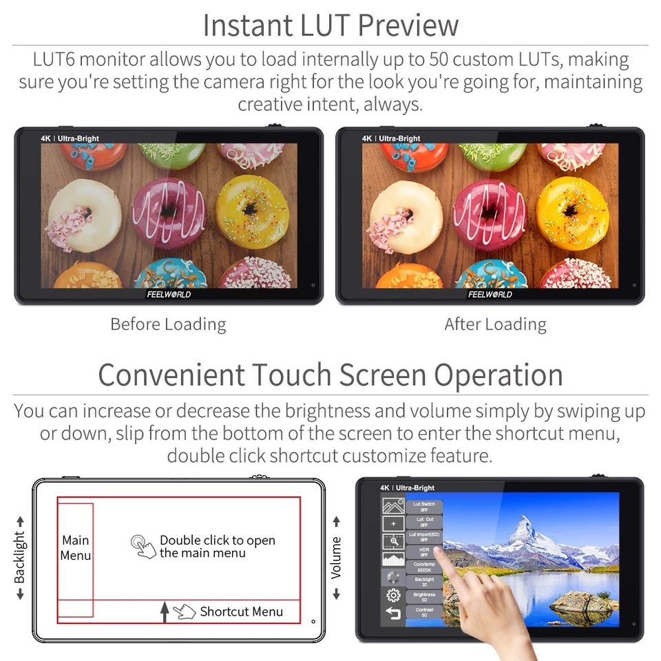 FEELWORLD LUT6 6 inch DSLR Camera Field Monitor 2600nit Touch Screen HDMI 3D LUT - Image 3 of 4