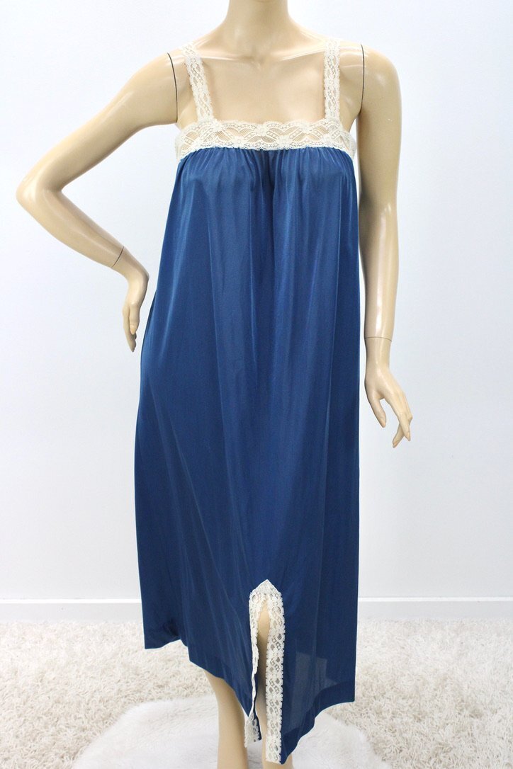 Vintage Sears Long nightgown Dark Blue Nylon Lace Tri… Gem