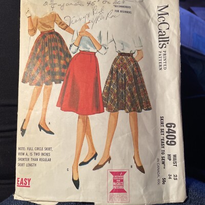 Vintage 1962 Mccalls Circle Skirt Skirt Pattern 6409 Sz 25 34 Cut