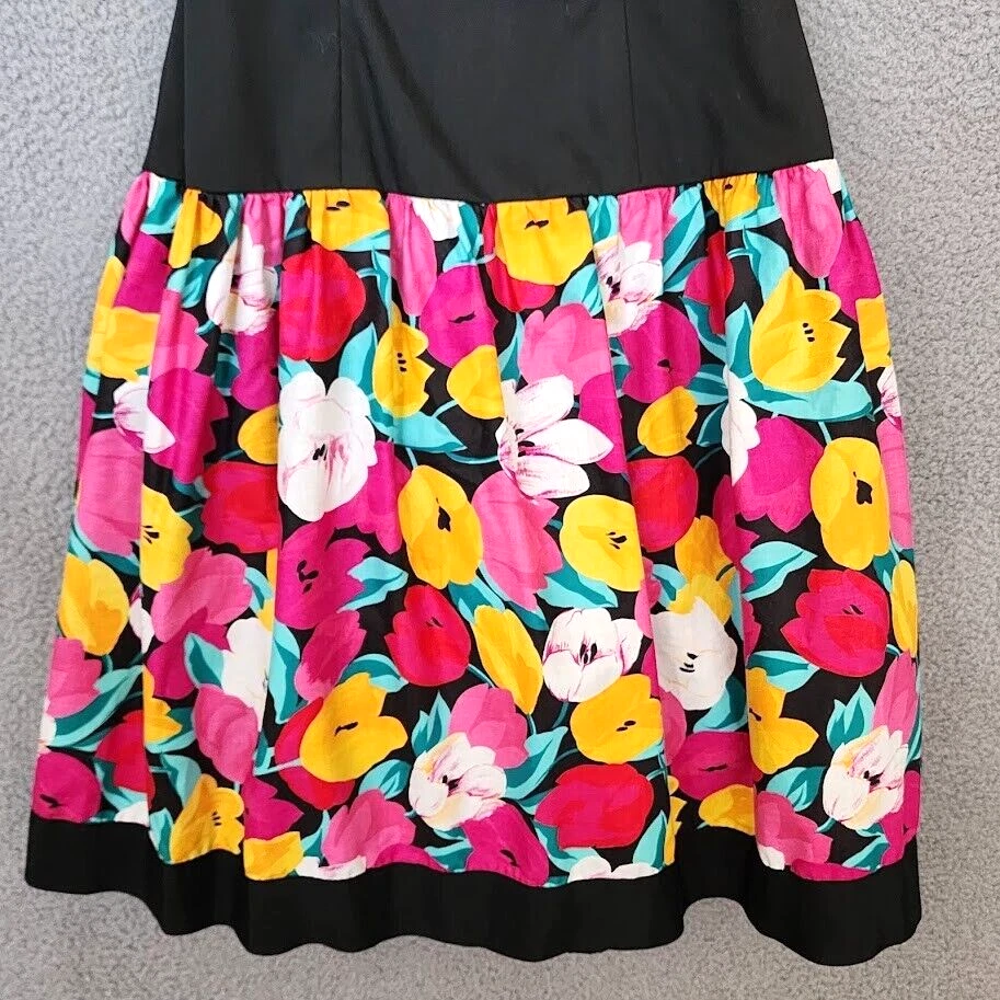 Vintage Victor Costa 80S Dress Womens Size 6 Black Floral Puff Sleeve Drop Waist - Image 3 of 4