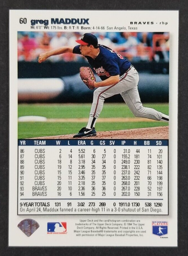 Greg Maddux 1994 Upper Deck CC Baseball Card #60 (NM) - Picture 2 of 2