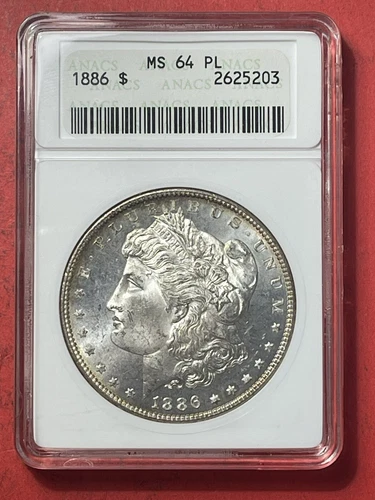 1886 P Morgan Silver Dollar, ANACS graded MS64 PL, Prooflike, beautiful coin.