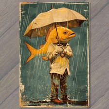 Art Print Fish Man Human Rain Umbrella Weird Strange Funny Ironic Out Of Water