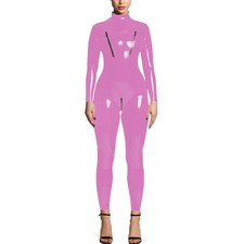 Long Sleeves PVC Leather Jumpsuits Stretch Slim Zipper Open Crotch Catsuit