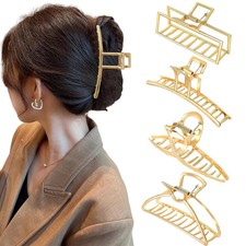 4 Pack Large Gold Hair Claw Clips for Women Thick Hair, French Design Metal Cros