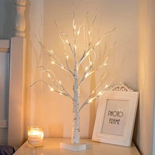 Artificial Tree for Christmas Decorations, 2FT Birch Tree with LED Lights, Warm 