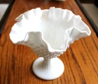 Fenton White Milk Glass Hobnail Pedestal Compote Comport Ruffled Candy Nut Dish
