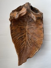 Vintage Hand Carved Leaf Wood Bowl With Stem Handle, 13  Long X 7.5  Wide