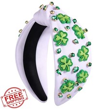 St. Patrick's Day Headband Green Shamrock Clover Rhinestone Knotted White