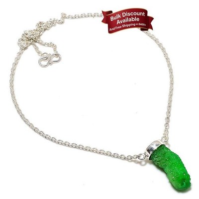 Grüner Druzy Edelstein Massiv Silber Frau Boho Ethno Kette Verlobung Neu Halskette