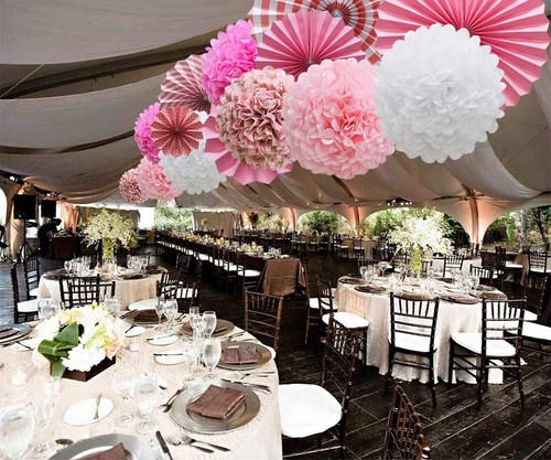 Pink Hanging Paper Party Decorations, Round Paper Fans Set Paper Pom Poms Flo... - 第 6/7 張圖片