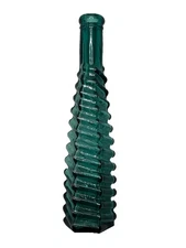 Antique S. & P. Pepper Sauce Emerald - Green Teal Bottle Ribbed Spiral Shape 8”