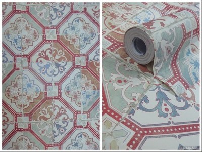Rustikale marokkanische Fliesentapete - Russisch Rot / Blau - Vinyl auf Rolle - 51170420