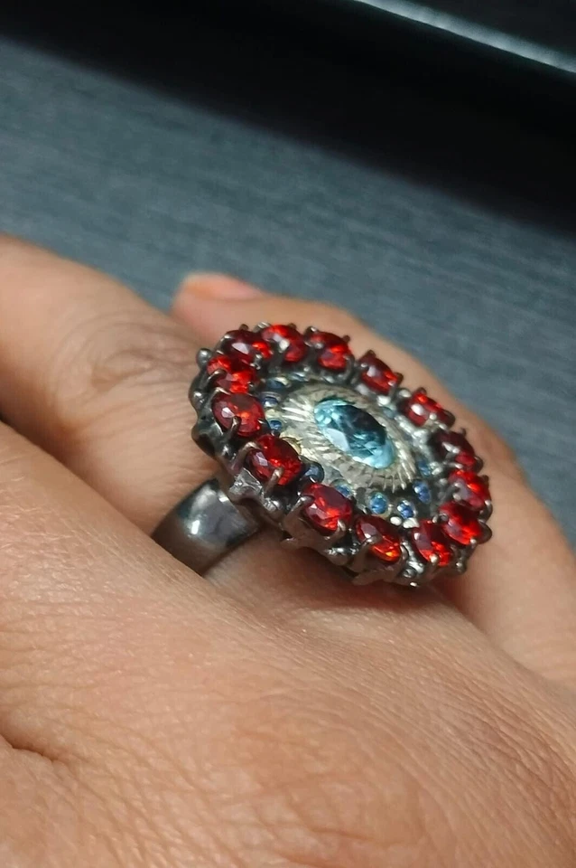 Anello rotondo floreale argento sterling pietra preziosa corniola topazio... - Immagine 2 di 2