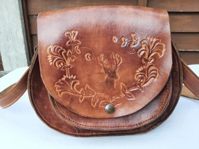 Vintage SUE HARVEY Tan Tooled Leather Saddle Bag - Dear Stag/Floral Leaf Design - Image 1 of 4