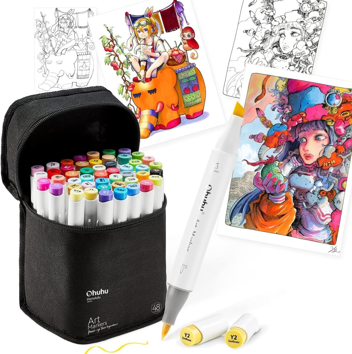 Ohuhu Marker Pen 48 Colors 49 Honolulu Brush tip & Bold type with